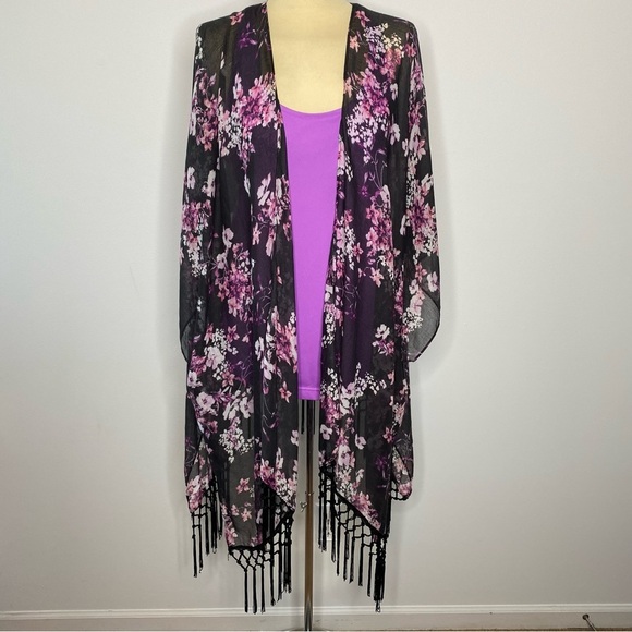 Mixit Purple Floral Fringe Kimono Cardigan - Picture 1 of 7